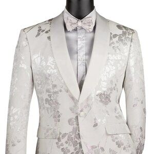 All White Mens Tuxedo - Wedding Suit - Men's Shiny Foil Floral Paisley Prom & We